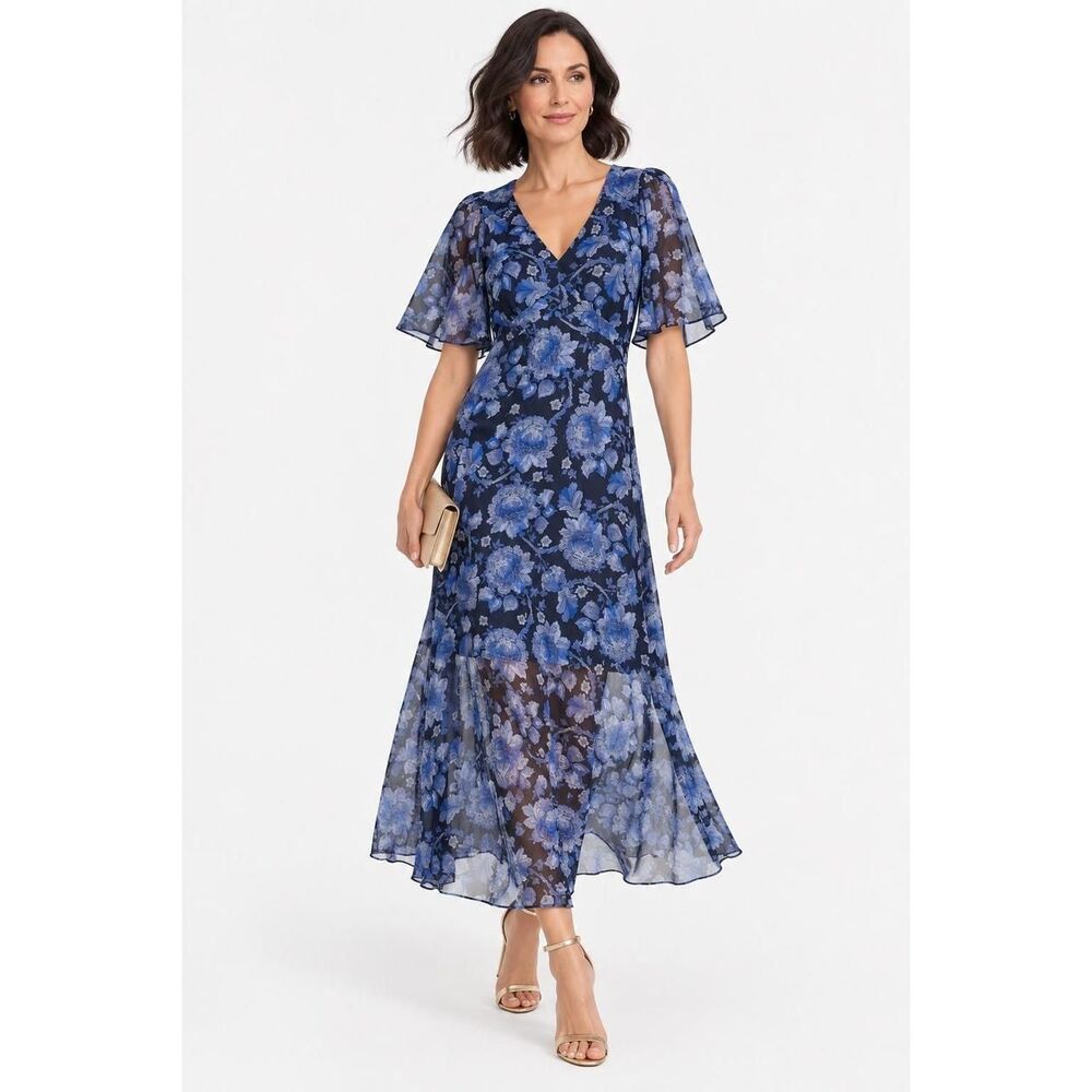 New Tommy Hilfiger Blue Floral Chiffon Lurex Maxi Dress V-Neck Flutter Sleeve 2